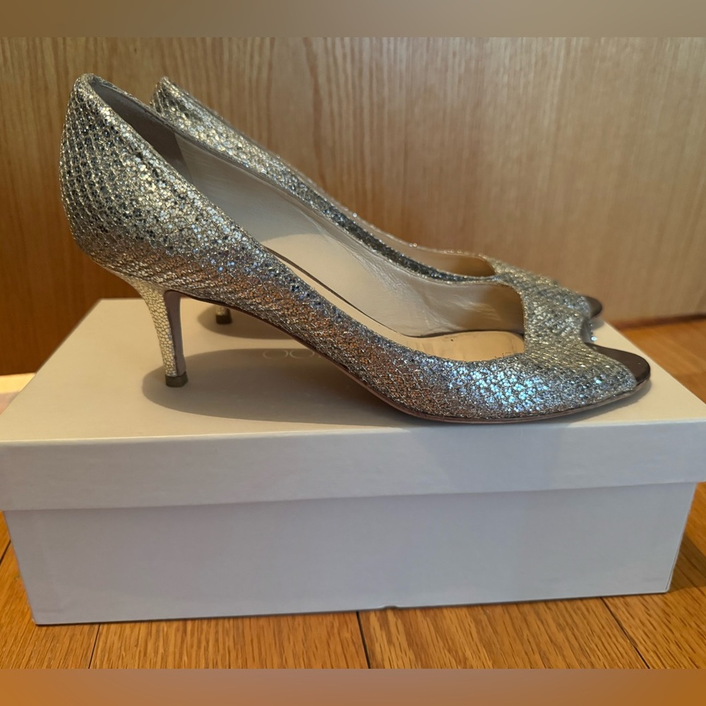 Jimmy Choo Silver Isabel Peep Toe Heels - Picture 6 of 7